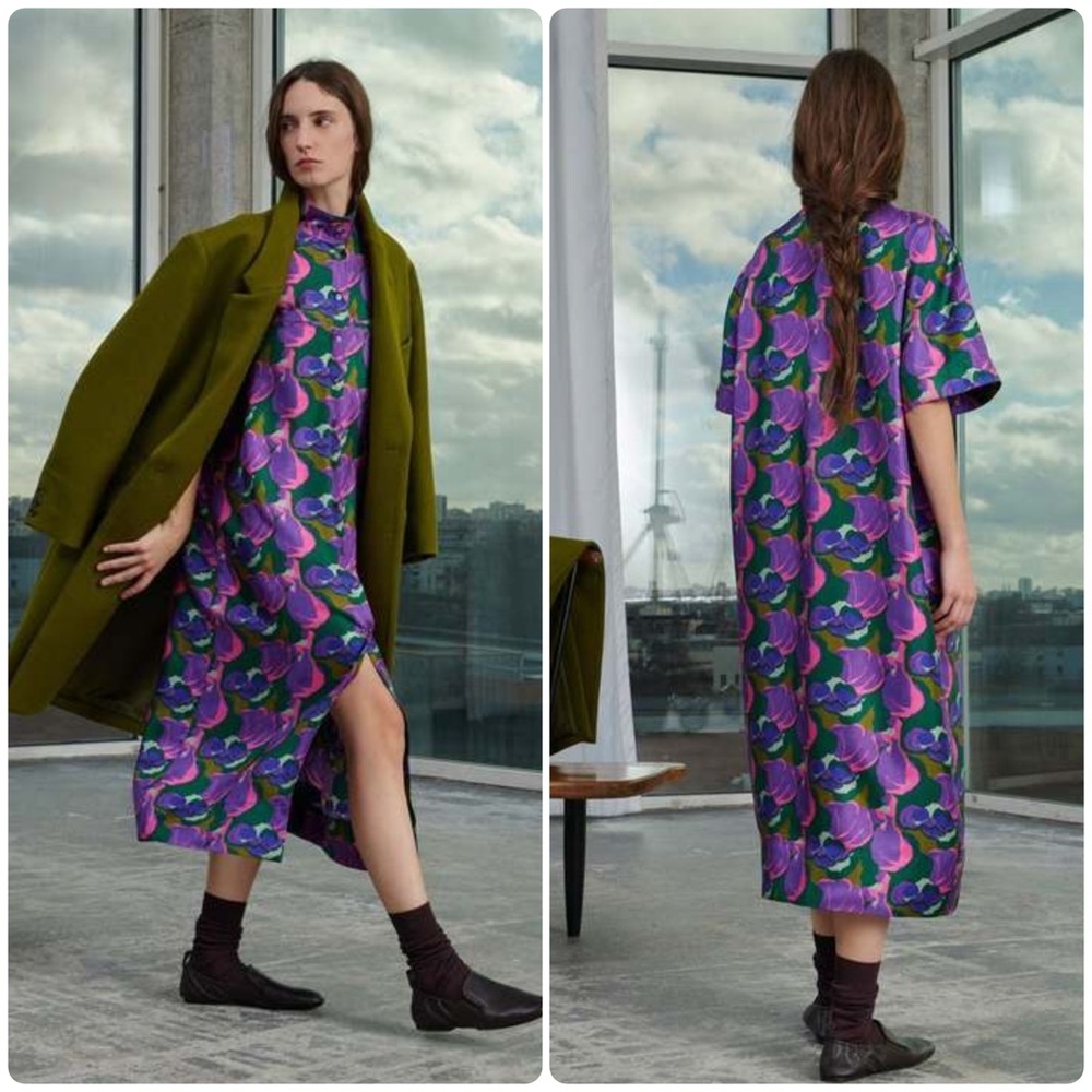 New! Soeur Witty Abstract-Print Belted Silk Purple And Green Rose Midi Dress